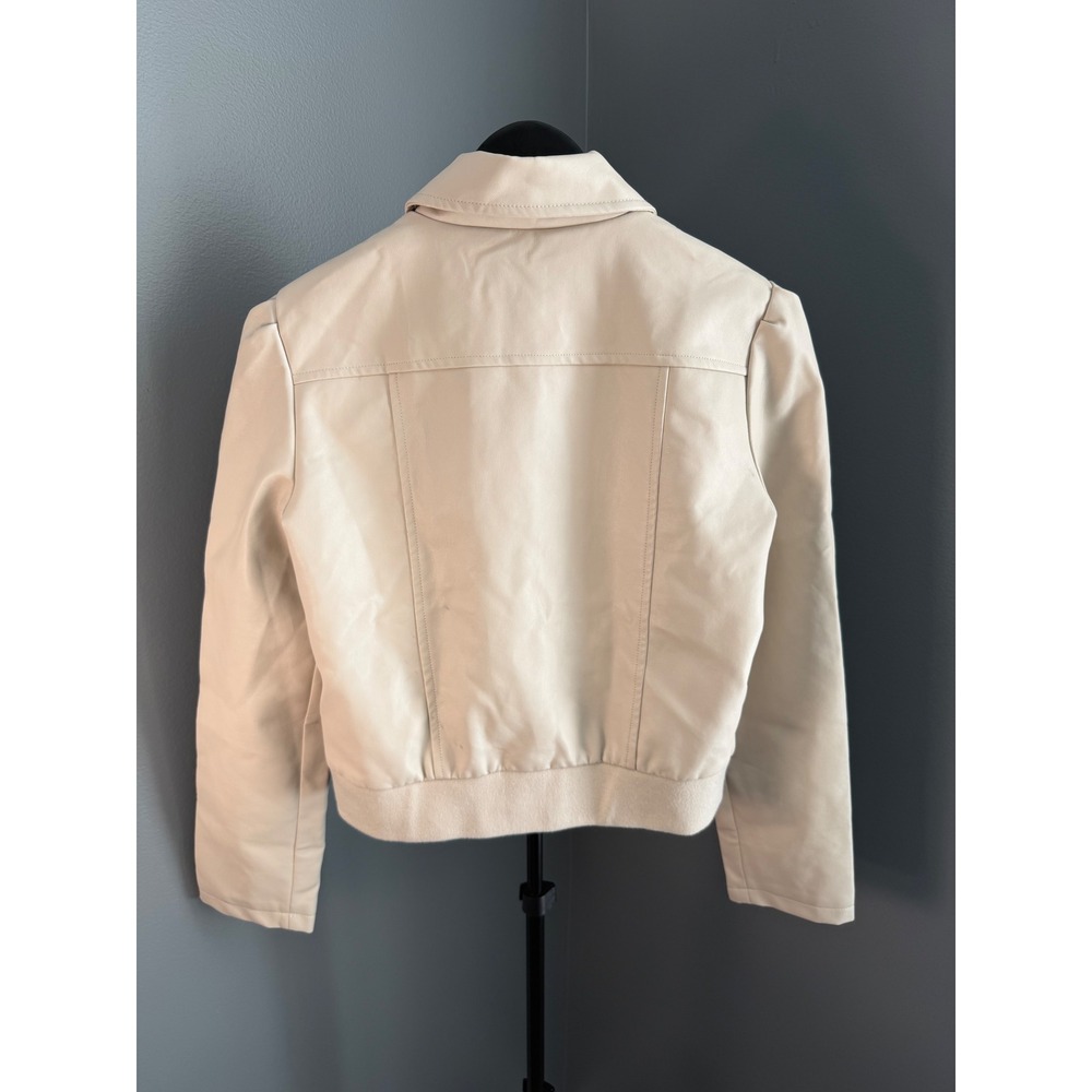 Tahari Faux Leather Jacket Womens Small Beige Puff Sleeve Bomber Moto - Picture 2 of 13